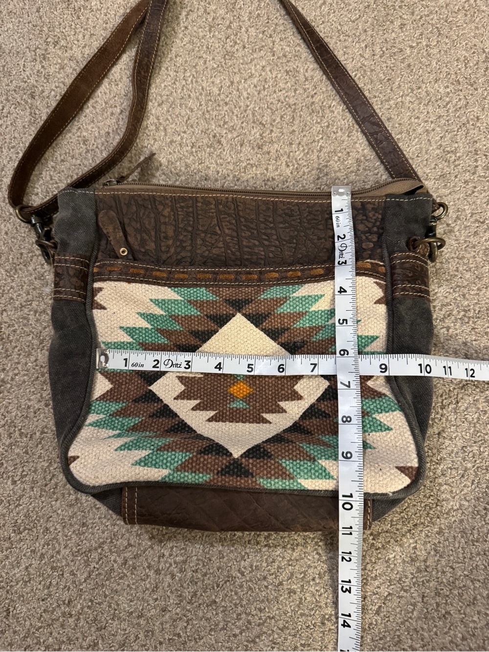 Myra Brown Canvas & Leather Crossbody Bag Western Aztec Adjustable Strap - Picture 9 of 10